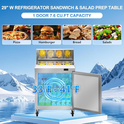 Image of Rockitch 29 inch W Commercial Sandwich Prep Table Refrigerator, 7.6 Cu.ft Stainless Steel Sandwich Prep Table with 8 Pans, Single Door Fan Cooling Salad Prep Station for Restaurant Food Prep, ETL Approved