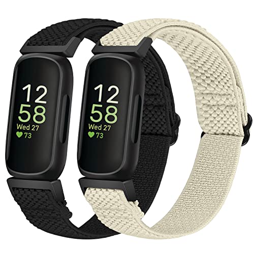 Huamanlou 2 Pack Elastic Strap Compatible with Fitbit Inspire 3/Inspire 2/Inspire/Inspire HR/Ace 2/Ace 3 Strap, Soft Nylon Adjustable Sport Replacement Band Men Women (Black+Beige)