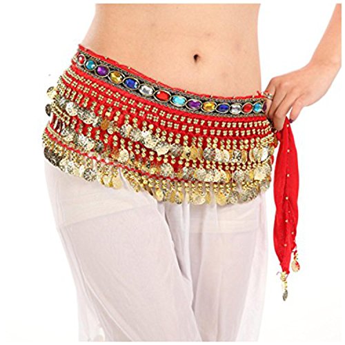 Image of VRITRAZ Women's Chiffon Belly Dance Hip Scarf Waistband Belt Skirt Mixed Colors Beads and Golded Coins 56 Black