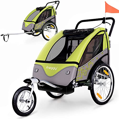FROGGY Kinder Fahrradanhänger 360° Drehbar mit Federung + Joggerfunktion + 5-Punkt Sicherheitsgurt, 2in1 Anhänger für 1 bis 2 Kinder, Design Apple Cover