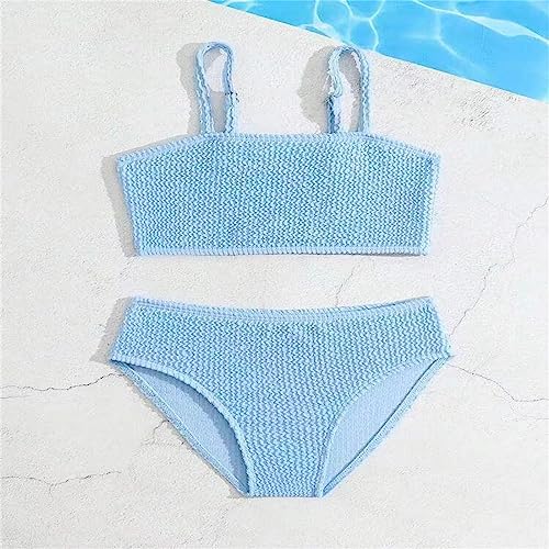 Girl's Smocked Bikini Set Solid Spaghetti Strap Swimsuit Two Piece Bikini Top + Shorts Ruched Elastic Bathing Suit2