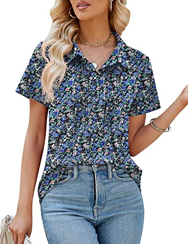 Luyaa Womens Floral Polo Shirts Collared Golf Sport Shirt Cute Short Sleeve Blouse Tops Blue Floral M #TOP10