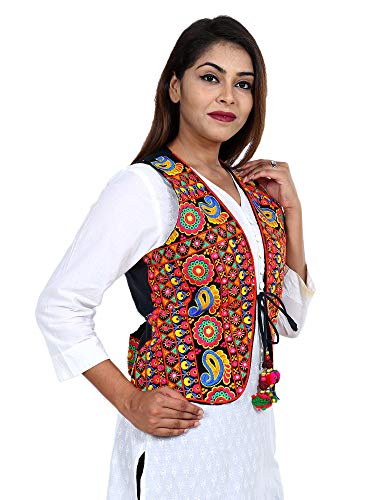 Image of Craft Trade Women's Cotton Embroidered Kutchi Jacket with Tassels Sleeveless Mirror Work