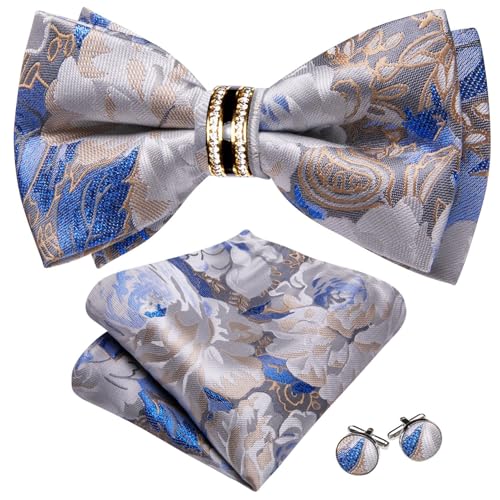 Image of YOHOWA Mens Bow Tie Set Paisley Pre-tied Bowties Adjustable with Handkerchief Cufflinks Gold Ring Set Wedding Prom Party