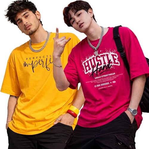 Image of London Hills Printed Cotton Blend Half Sleeve Oversized Men Round Neck Tshirts | T Shirt for Man | Tshirt | Shirts Men | Tshirt for Man | T-Shirt | Pack of 2