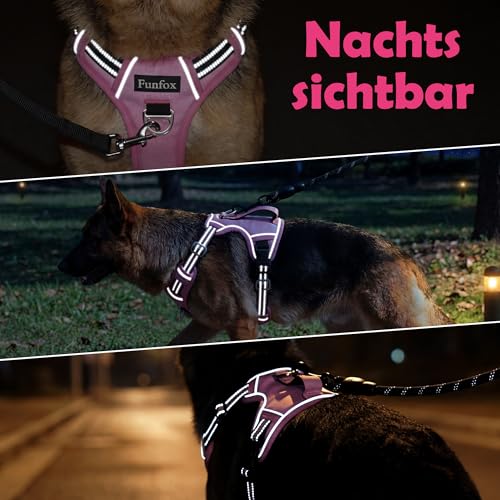 Funfox Hundegeschirr Mittelgroße Hunde [L] - Verstellbares Anti-Zug Brustgeschirr mit Griff & Reflektorstreifen, Atmungsaktives No Pull Hundegeschirr für Grosse/Kleine Hunde Outdoor Rosa