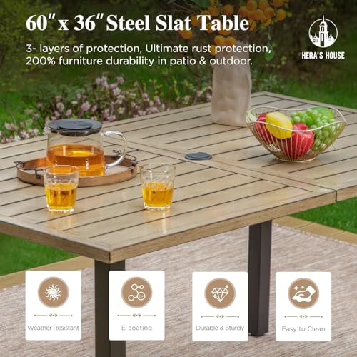 Image of HERA'S HOUSE Outdoor Dining Table for 6, Brown Metal Table w /Umbrella Hole