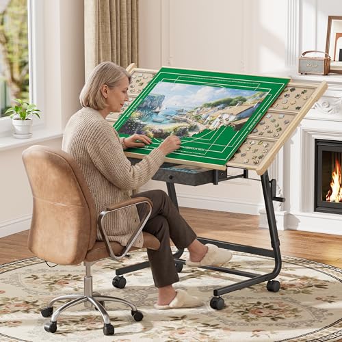 Image of CODACE Puzzle Table with Drawers - 1500 Pieces Jigsaw Puzzles Table for Adults, Hand-Cranked Height-Adjustable Puzzle Tables with Leg, Tilting Puzzle Board with 6 Tray and Cover, Present for Puzzlers