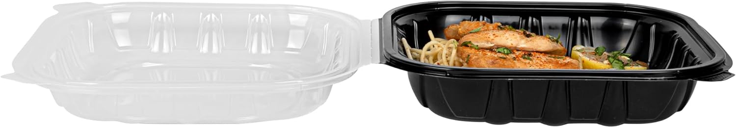 Thermo Tek 40 Ounce Clamshell Containers, 50 Disposable Take Out Boxes - Ventilated Lids, Microwavable, Black Plastic Meal Prep Containers, For Pastas, Salads, Or Sandwiches - Restaurantware
