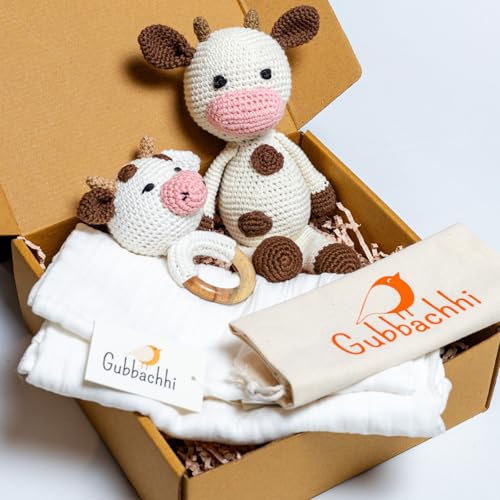 Image of Newborn Gift Set | Crochet Toy, Rattle & Muslin Swaddle Combo | Newborn Gift | Gifting for Babies | 100% Muslin swaddlecloth | Toys for Gifting| 3 Months + (AMBA Toy & Rattle with Swaddle)