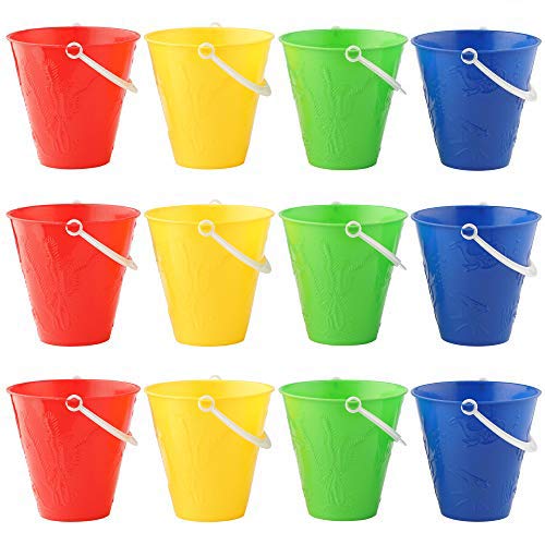 12 Cubos de Colores Brillantes, Balde para Niños| 4 Colores: Rojo, Amarillo, Verde y Azul - Plástico Duro Resistente - Juguetes para Arena y Playa, Fiesta Verano para Niños, Picnic Jardín Parque.