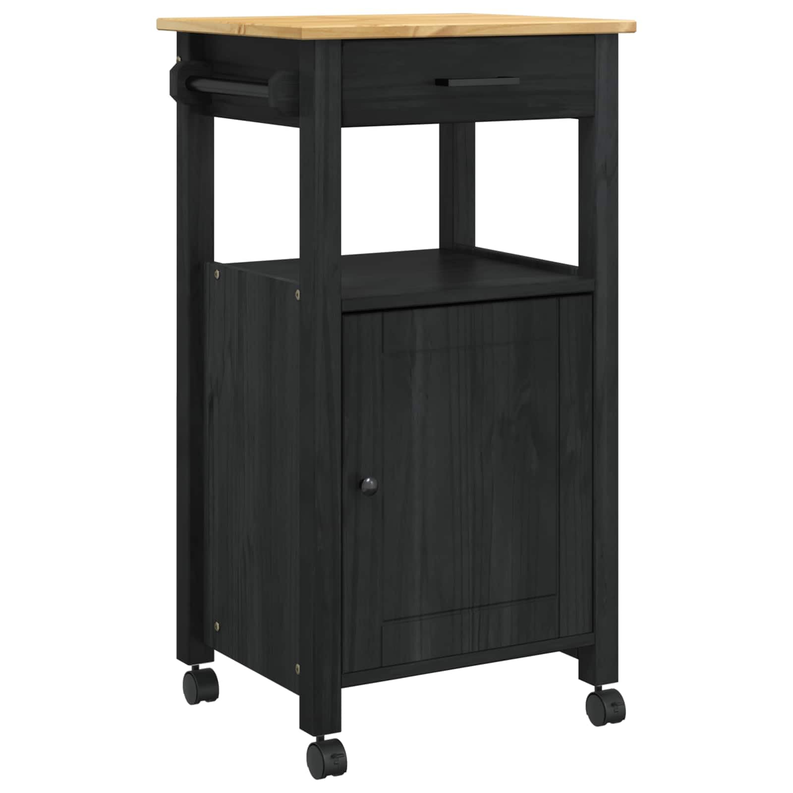 vidaXL Kitchen Trolley Plain Black, Expandable Kitchen Trolley, Minimalist, Rectangular Design with Hooks, Rollable Mobile Unit for Meal Prep and Serving Cart
