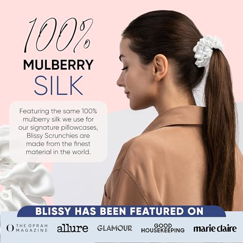 Image of Blissy Silk Scrunchies (3 Pack) - 100% Pure Mulberry Silk - 22 Momme 6A High-Grade Fibers Scrunchie for Straight & Curly Hair (White Regular)