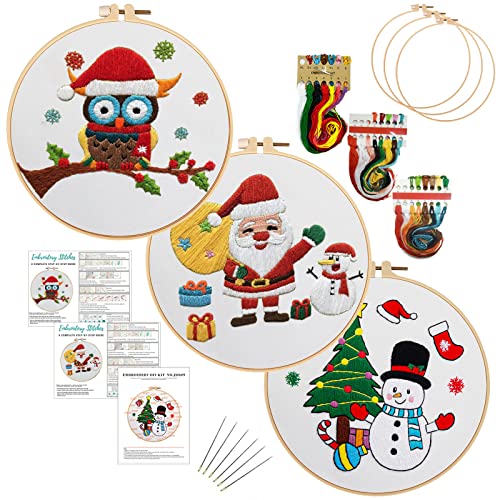 3Packs Christmas Embroidery Cross Stitch Kits, Hand Beginner Kit With Santa Snowman Owl Patterns Stamped Embroidery Kit For Adults Kids Easy To Start With 3 Embroidery Hoops Threads Needles #TOP2