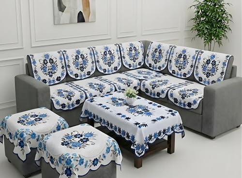 Image of Fab Nation Sofa Cover L Shape 7 Seater with Corner L Type Fully Covered Sofa Set for Living Room | Cotton Sofa Slipcovers for 4 + 3 Seaters Cover + 2 Setty Covers + 1 Table Cover Set | Blue