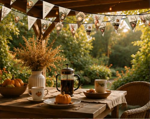 Image of Pumpkin Spice Coffee Bar Fall Banner, 12 Triangle Burlap Look Pennant Garland, Cozy Autumn Coffee Station Decor, Farmhouse Kitchen, Cafe, Thanksgiving Home Decorations, 13 ft
