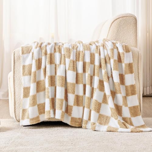EMME Kuscheldecke Flauschige Decke - Karierte Decken 150 x 200 cm, Woven Sofadecke Weiche Warme Wolldecke&Fleecedecke, Tagesdecke, Überwurfdecke, Kuscheldecken für Couch, Beige