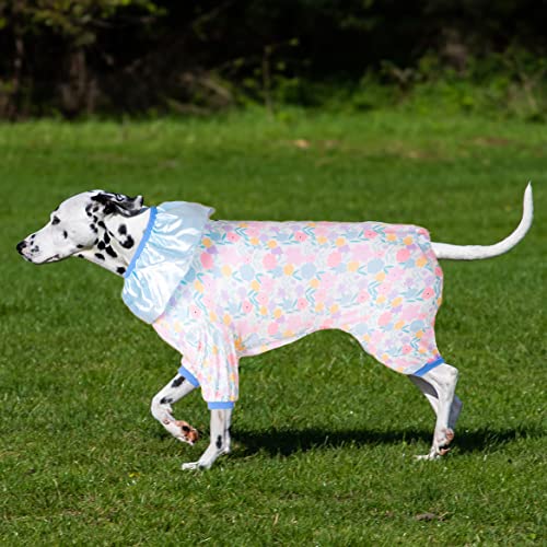 Image of LovinPet Large Dog Apparel - Anti Licking Recovery Suit, Lightweight Fashion Box Spring Flowers White Prints Dog Jumpsuit, UV Protection
