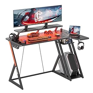 CubiCubi Gaming Desk with LED Lights & Power Outlets, 120 cm L Shaped Carbon Fiber Surface Desk with Storage Shelves, Small Corner Computer Desk with Monitor Shelf, Black