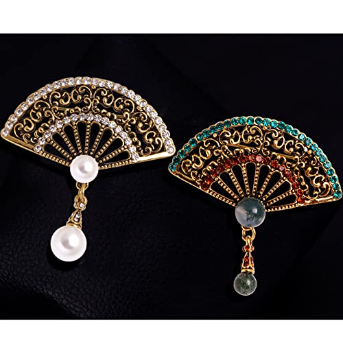 Image of Pearl Fan Brooch Chinese Fan Brooch Rhinestone Pearl Brooch for Women Lady Girl