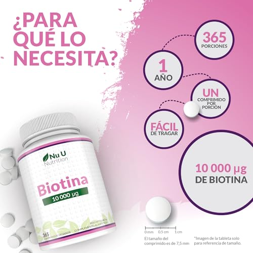 Miniatura 5 de Biotina para el Cabello 10,000 mcg - 365 Comprimidos Veganos - 1 Año de Suministro - Vitamina B7 para Mujer y Hombre - Biotina para Piel, Uñas y Barba - Nu U Nutrition