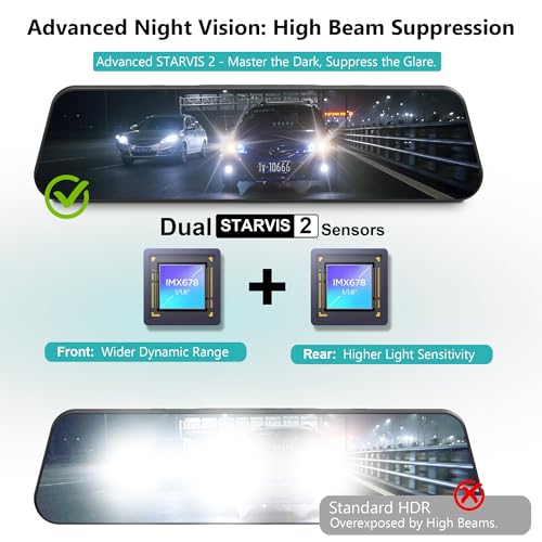 Image of Dual Sony STARVIS 2 IMX678 Sensors 4K+4K Mirror Dash Cam Front and Rear, 12 inch Smart Rear View Camera with ADAS Blind Spot Detection, Super Night Vision HDR, 5G WiFi GPS, 64GB, 24H Parking
