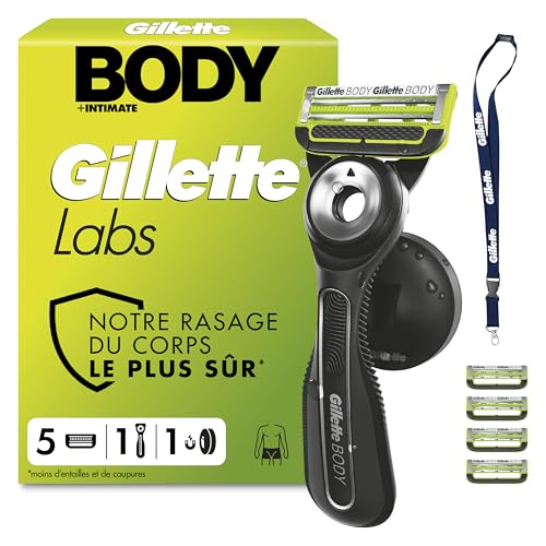 Gillette Labs Body + Intimate Rasoir Intime Homme pour Le Rasage du Corps Et du Pubis, Cartouche De Lames avec Une Barre Anti-Poils Incarnés, Manche Facile A...