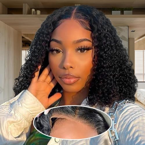 Wear And Go Glueless Wigs 12 Inch Bob Wig Human Hair Pre Cut Curly Bob Wig Human Hair 4x4 Short Kinky Bob Lace Wigs For Woman 150% Density Human Hair No Glue No Gel Easy To Wear Beginner Friendly