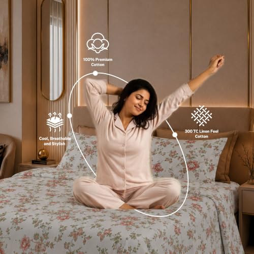 Image of Jaipur Weaves Cotton Linen Feel King Size Bedsheet 108x108 Super King, 100% Pure Cotton Bed Sheet with 2 Pillow Covers, 300 TC Soft Breathable Floral Design Bedding -(Vintage Red, Super King)