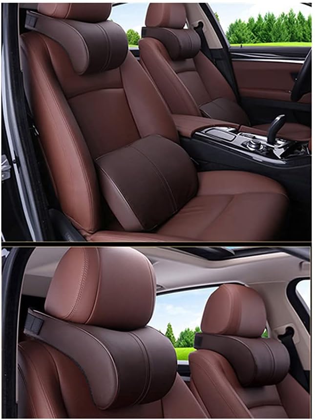 ZLOHPAE Car seat Lumbar Support Pillow and car Neck Support Pillow kit, Soft Leather Surface and high-Density Memory Foam are Ergonomic car seat Pillows (Brown) - Image 3