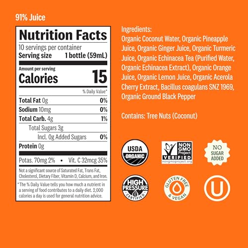 Suja Organic Immunity Defense Shot (30 Pack) with Turmeric and Ginger | Immunity Boost & Support | Functional Shots | Cold-Pressed Juice with Live Probiotics | Plant-Based & Gluten-Free