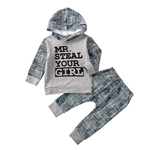 Toddler Infant Baby Boy Clothes Letter Print Long Sleeve Hoodie Sweatshirt Plaid Pants 2Pc Fall Winter Outfit Set (B-Mr Steal Your Girl,6-12 Months)