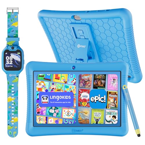 Contixo Tablet Android K102 de 10 pulgadas y reloj inteligente KW1 para niños, 32 GB, incluye más de 80 libros de cuentos de Disney, reloj educativo con juegos, cámara, reproductor de música, alarma
