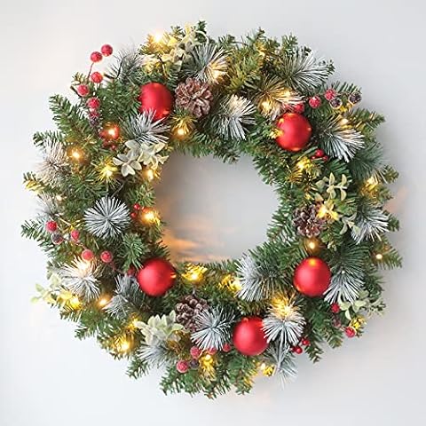 Pre-Lit Christmas Wreath with Lights Artificial Christmas Wreath Decorated with Pine Cones Berry Clusters Frosted Branches Ball Ornaments Christmas Decorations for Window Indoor & Outdoor (20 in) Cover