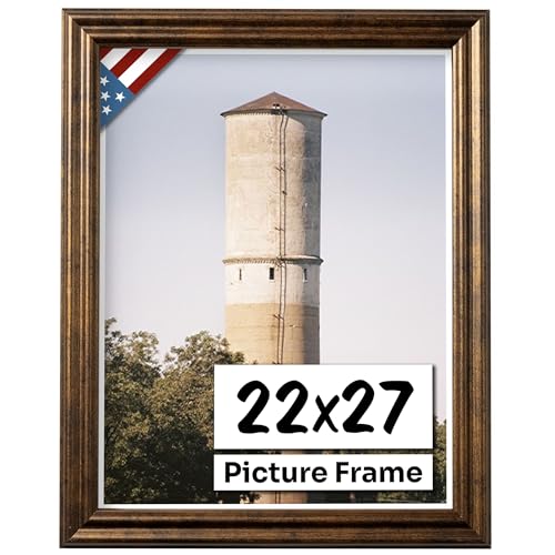 Vintage Rustic Bronze 22x27 Picture Frame .75" Inch Wide - Farmhouse Decor for Wall Handmade Solid Wood Frames with Preinstalled Hangers and UV Blocking Plexiglass 27x22 Frame