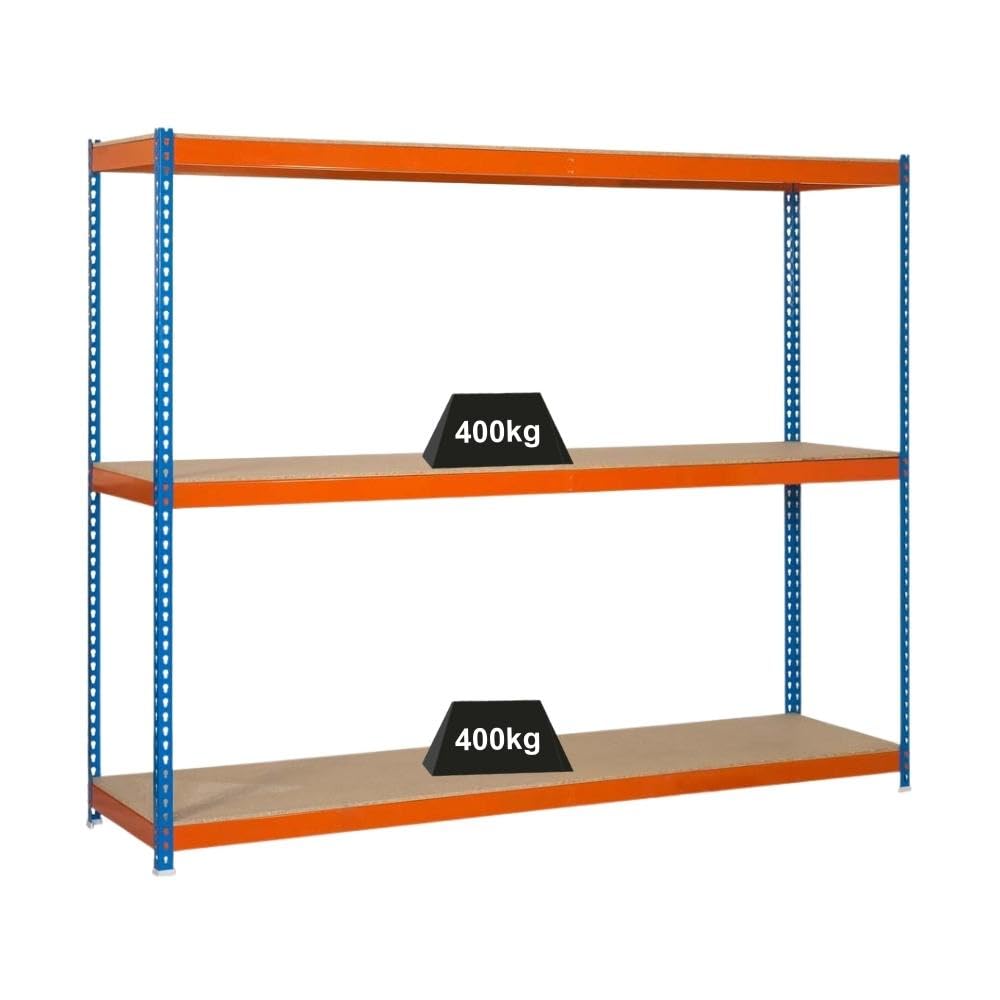PROREGAL Schwerlastregal MID Wood YETI Three | HxBxT 150x150x75cm | Fachlast 400kg | Blau-Orange | Regal Standregal Werkstattregal Lagerregal Kellerregal