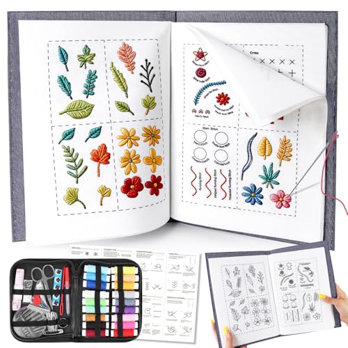 Embroidery Kit Stitch Book Stickbuch zum Selber Sticken Lernen Buch Diy-Stichbücher-Set Erwachsene für Anfänger mit Stichanleitung Nähwerkzeugen für Hobby Basteln Familie Stricken Weben (Set C-1)