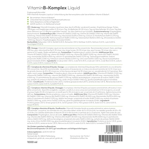 PHA Vitamin B Komplex Liquid für Pferde, gegen Stress, für Nerven, Haut, Fell, Hufe, bei B-Vitamine Mangel, zur Unterstützung der Regeneration, 1L