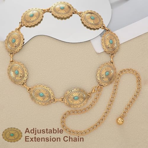 Image of WHIPPY Women Concho Chain Belt Metal Link Western Cowgirl Turquoise Chain Belt for Dress