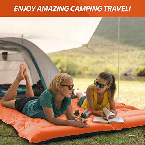 Double Camping Sleeping Pad, Inflatable Sleeping Mat With Pillow For 2 Person, Built-In Foot Pump, Ultralight Waterproof Compact Mattress For Backpacking, Hiking, Tent Travel, Orange Grey #TOP5