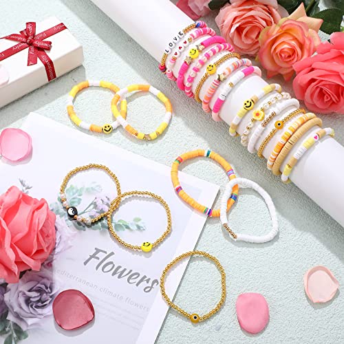 42 Pcs Preppy Heishi Bracelets Y2K Bracelets Smile Face Surfer Beaded Bracelets Star Evil Eye Beaded Stretch Bracelets Stackable Bohemian Pearl Colorful Aesthetic Stretch Bracelets For Women Girls #TOP5