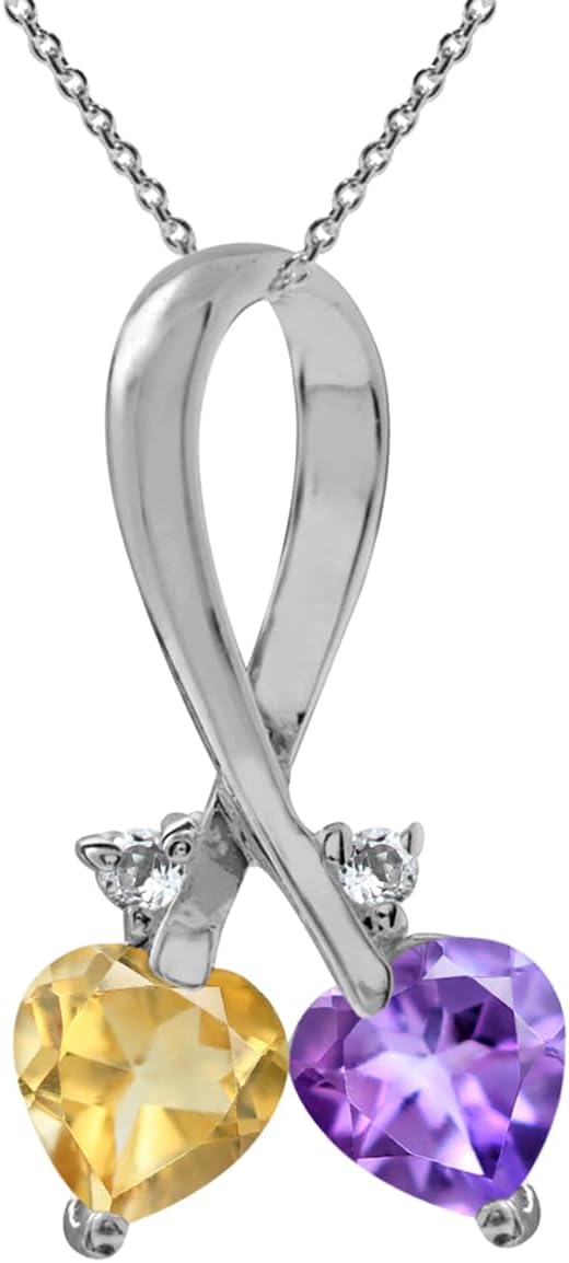 Silvershake 5MM Heart Shape Gemstone 925 Sterling Silver Twin Heart Ribbon Pendant with 18 Inch Chain Necklace Family Birthstone Jewelry for Women