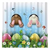 Allenjoy Spring Easter Shower Curtain Set with 12 Hooks Two Bunny Rabbits Rush into The Bathtub Vale