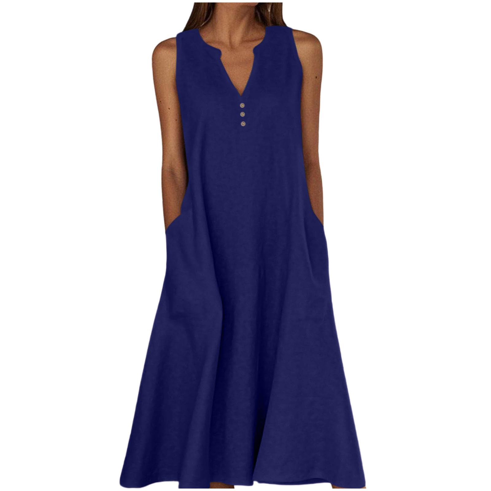 Sommerkleid Damen Lang,Ärmellose Maxikleid V-Ausschnitt Tankkleid Strandkleider Hohe Taille Lange Lockere Knielang Kleid Elastischer Taille Basic Solide Freizeitkleid T Shirt Tunikakleid mit Taschen