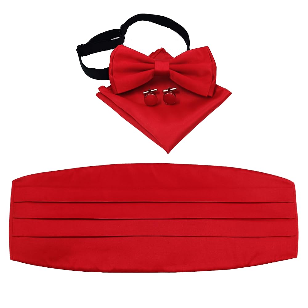 Men's Cummerbund Set - Bow Tie (Pretied), Pocket Square & Cufflinks | Formal Wear for Wedding, Party & Business