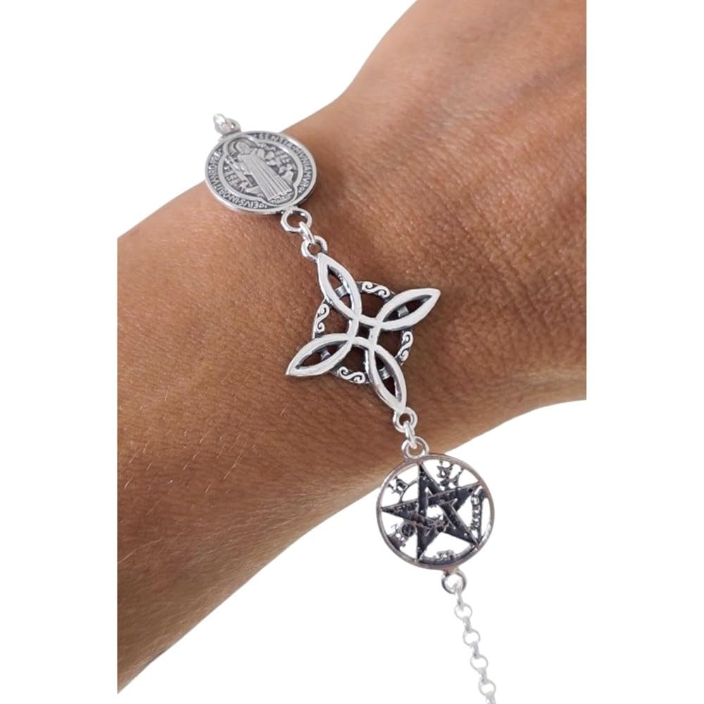 Pulsera Triple Protección en Plata de Ley 925m de 17cm. Nudo de Bruja Tetragramatón San Benito