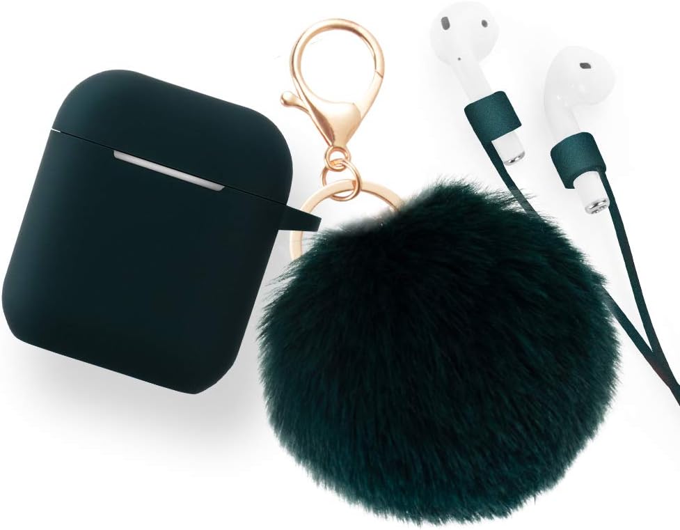 Case for Airpods Case - Cammate AirPods Case Cover Silicone Skin Protective Airpods Accessories for Apple Airpods Charging Case with Anti-lost Strap,Fur Ball Keychain,Dark Green(Front LED Visible)