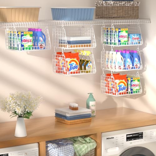Image of PUPPYCUTE 3-Pack Laundry Room Organization and Storage, Hanging Wire Basket for Laundry with 360Rotating Hooks, Over Washer and Dryer Shelves, Laundry Organizers and Storage Basket, White