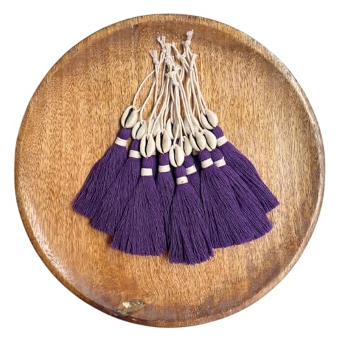 Image of Zippy Flora Handmade Cotton Tassels with Cowrie Shells for DIY & Crafts Project, Pack of 10 (Dark Purple)