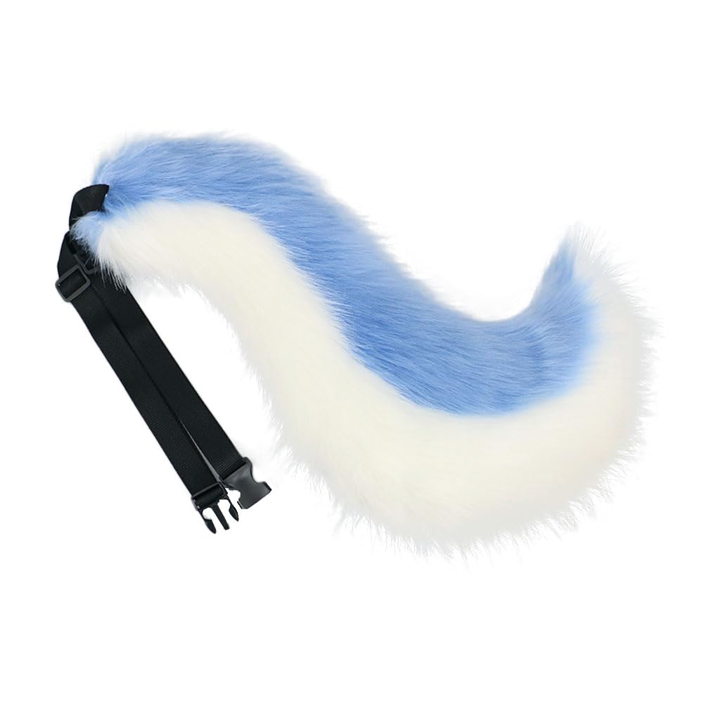 ILUFAM Handmade Big Animal Tail Cosplay Prop Faux Fur Wolf Tail for Anime Halloween Fancy Dress Parties (Blue&White)